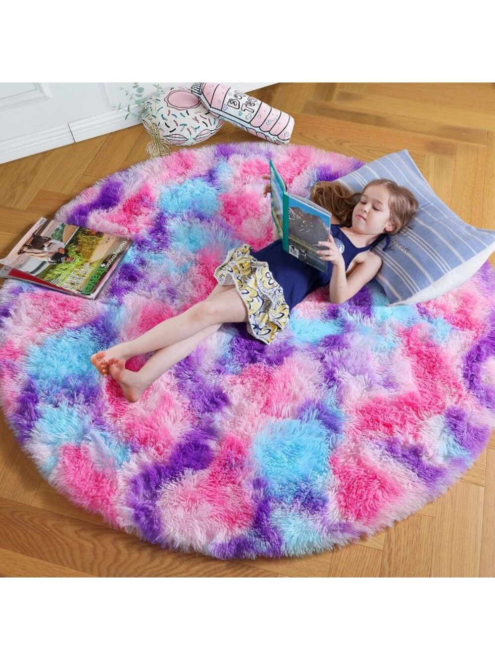 〽️Pink Blue Purple Round Circle Rug 4Ft Girls Bedroom Room Fluffy Shag Carpet